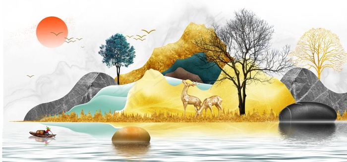 新中式风景金色山水渔船装饰画图片