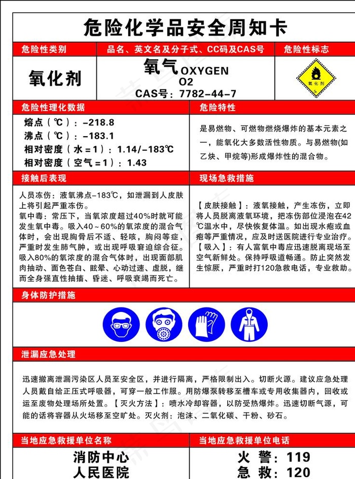 危险化学品安全周知卡氧气图片