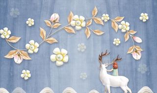 北欧浮雕花卉麋鹿电视背景墙图片