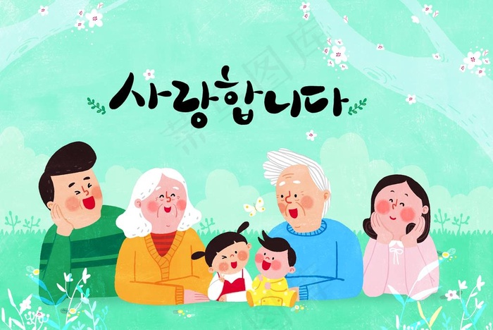 韩国小清新全家福插画海报图片(5000X3500(DPI:300))psd模版下载