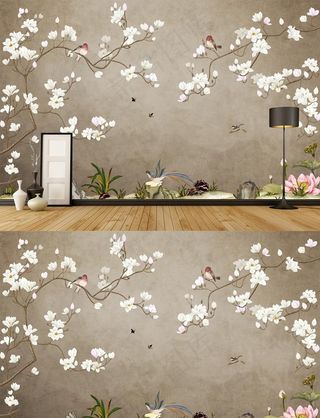 现代手绘新中式工笔花鸟背景墙图片