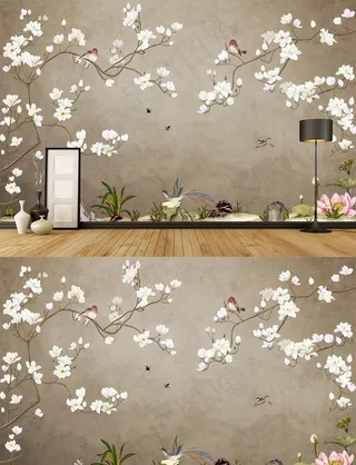 现代手绘新中式工笔花鸟背景墙图片
