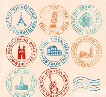 复古著名景点邮戳矢量素材图片