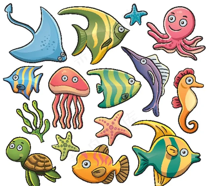 海洋 世界 鱼 鲨鱼 卡通 动图片ai矢量模版下载