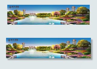 地产园林效果图喷泉楼体图片