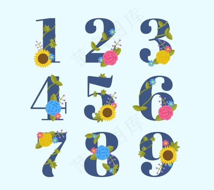 彩色花卉数字艺术字图片ai矢量模版下载