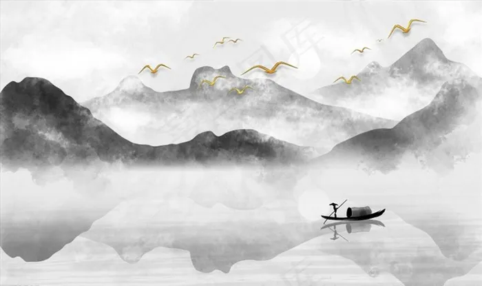 水墨山水 小船 背景墙图片(9071X5669(DPI:72))psd模版下载
