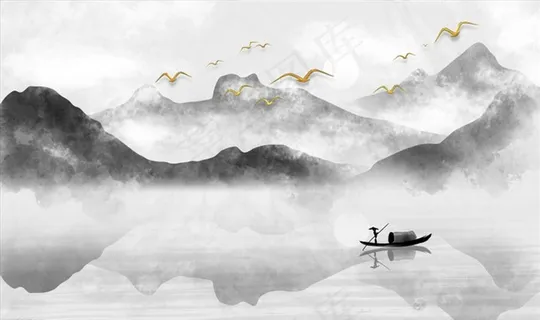 水墨山水 小船 背景墙图片