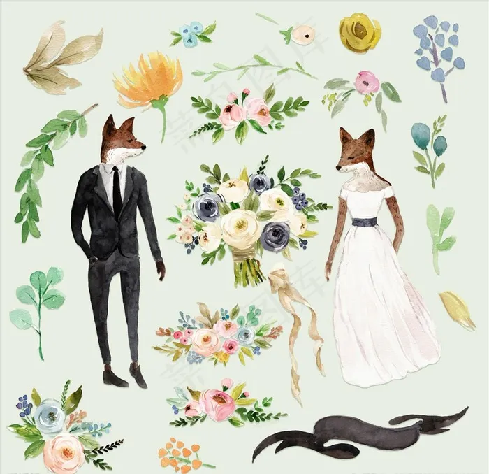 水彩手绘婚礼花草元素图片(10000X10000(DPI:300))psd模版下载