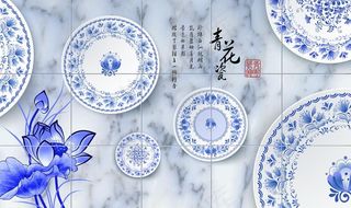青花瓷圆盘荷花背景墙图片