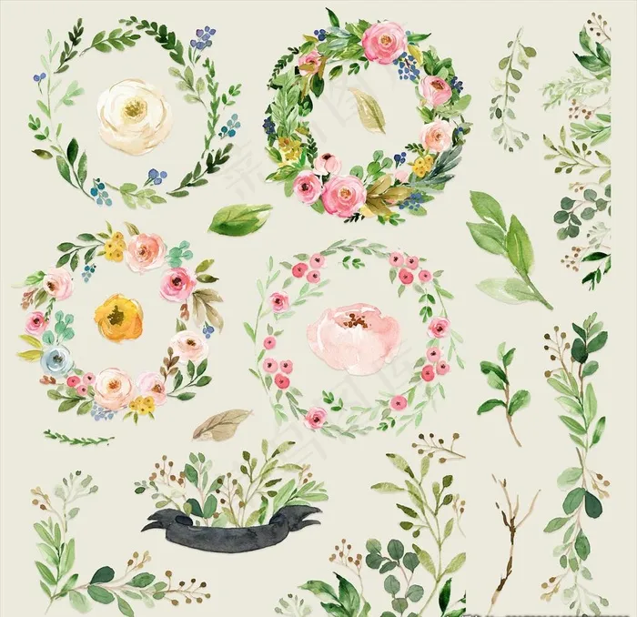 水彩手绘花草花环植物图片(10000X10000(DPI:300))psd模版下载