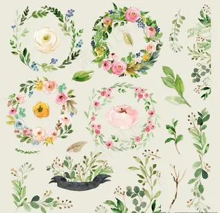 水彩手绘花草花环植物图片