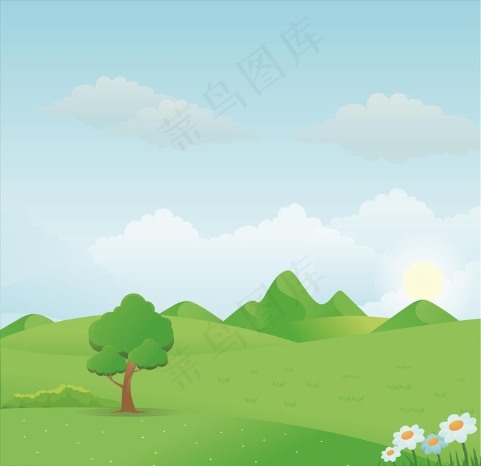 蓝天白云草地矢量图图片