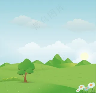 蓝天白云草地矢量图图片