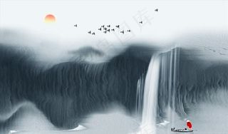 水墨山水 瀑布背景墙图片