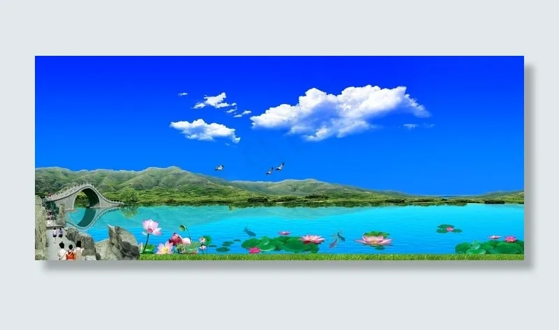 阳光下的荷塘图片(6000X2700(DPI:300))psd模版下载
