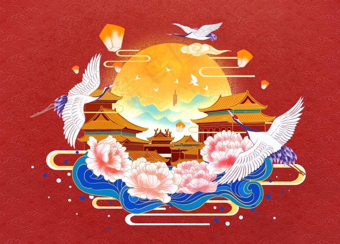 仙鹤中秋插画图片