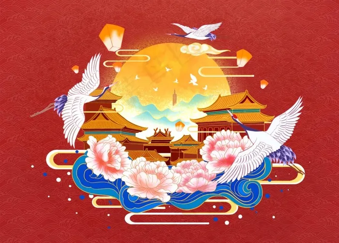 仙鹤中秋插画图片(3706X2779(DPI:132))psd模版下载