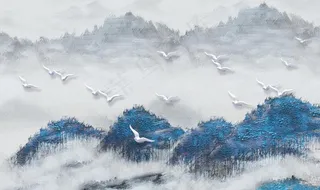 蓝色森林山水飞鸟玄关屏风背景底图片