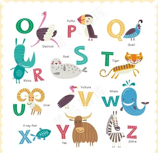 手绘可爱卡通小动物字母图片