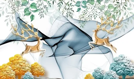 金色鹿山水抽象树林客厅背景画图片 金色鹿山水抽象树林客厅背景画图片