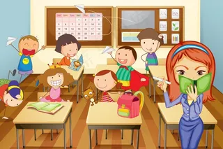 卡通教室插画女老师与学生矢量图片