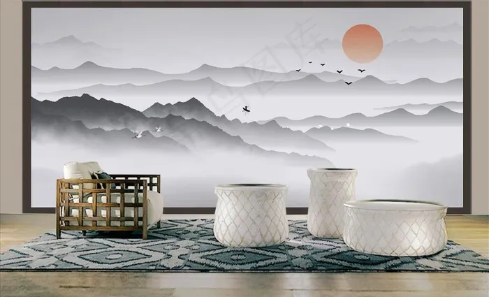 水墨山水背景墙图片(7350X3543(DPI:300))psd模版下载
