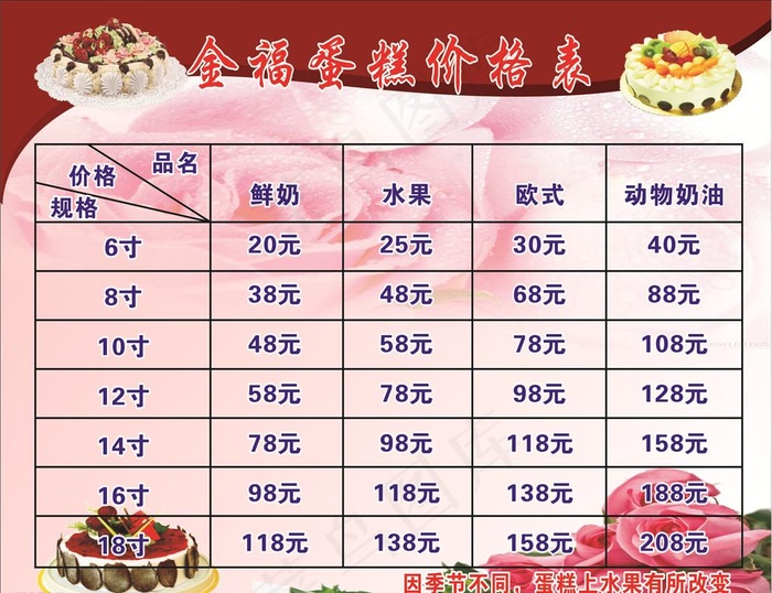 金福蛋糕价目表图片