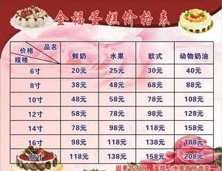 金福蛋糕价目表图片