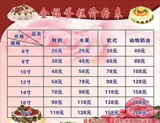 金福蛋糕价目表图片
