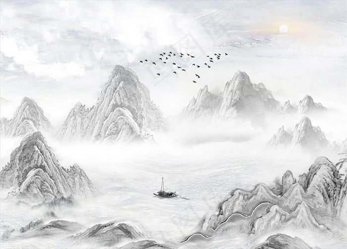 水墨山水 小船 背景墙图片