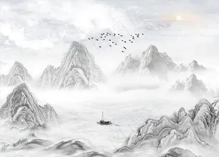 水墨山水 小船 背景墙图片