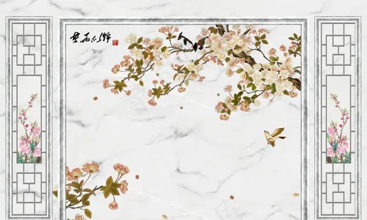 繁花似锦花鸟边框大理石背景墙图片