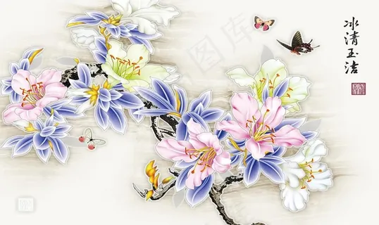 花朵蝴蝶富贵家庭画图片