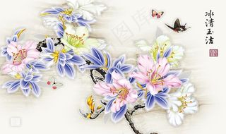 花朵蝴蝶富贵家庭画图片