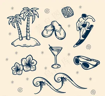 9款手绘夏季沙滩度假元素图片