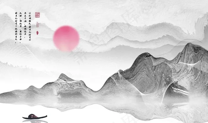 意境水墨山水手绘电视沙发背景墙图片(9071X5669(DPI:72))psd模版下载
