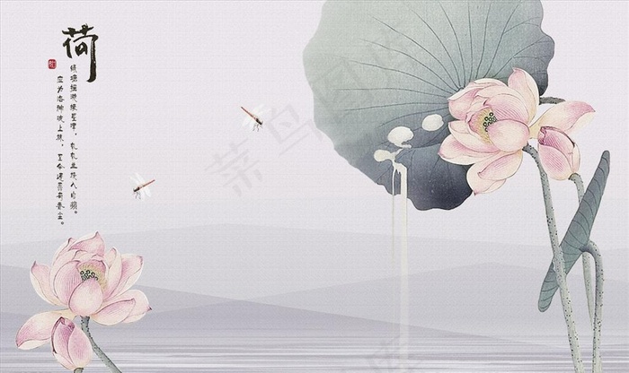 荷花 蜻蜓 背景墙图片(9071X5669(DPI:72))psd模版下载