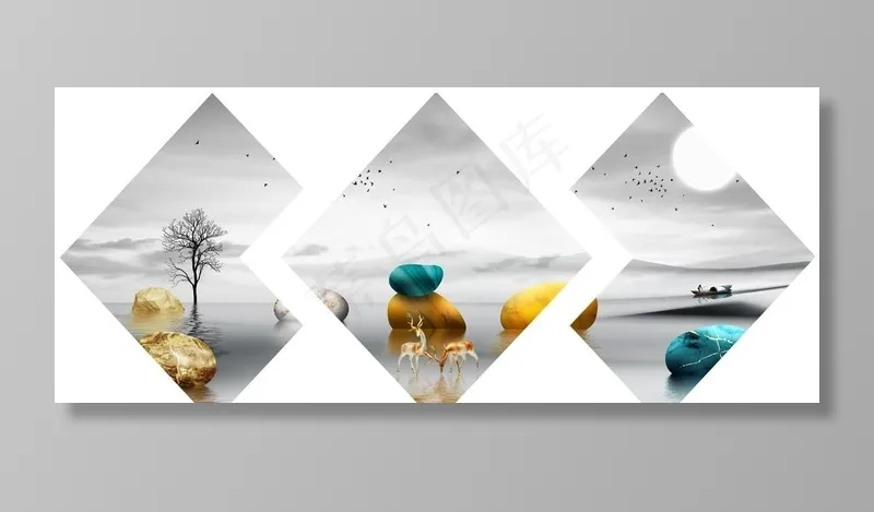 新中式灰度麋鹿石头水大海装饰画图片(10630X4724(DPI:150))psd模版下载