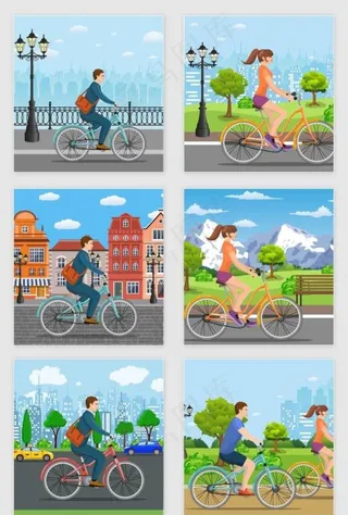 骑自行车插画图片
