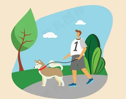 手绘一个男孩在公园里遛狗插画图片