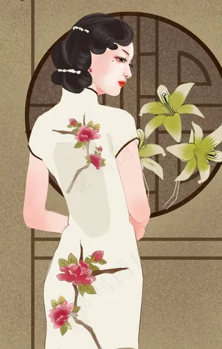 旗袍人物民国插画卡通背景素材图片