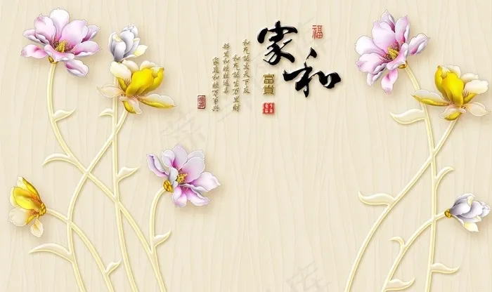 浮雕玉兰电视背景墙图片(9071X5669(DPI:72))psd模版下载