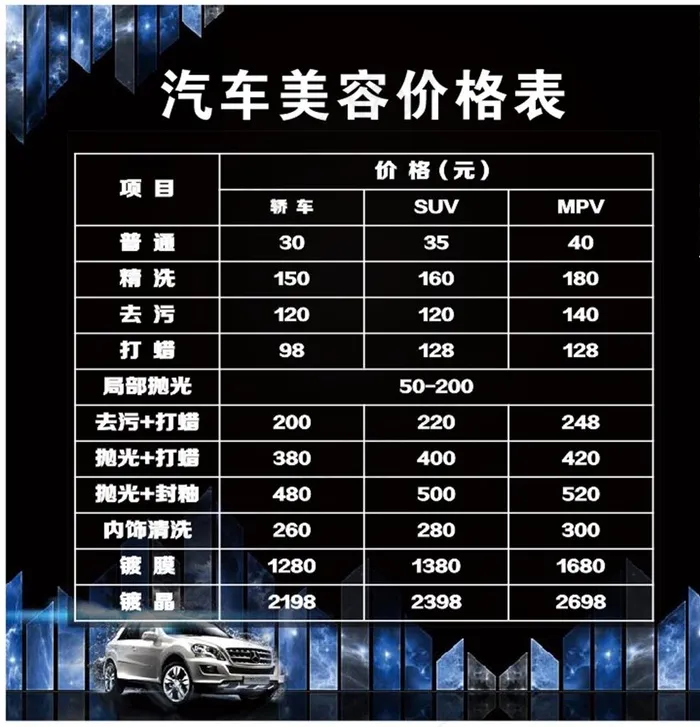 汽车美容价目表图片cdr矢量模版下载