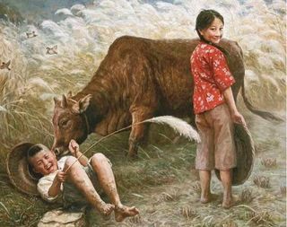 农村小孩油画图片