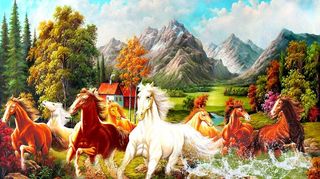 八骏图油画山水风景图片