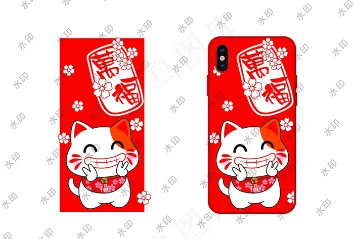 招财猫万福笑脸印花图片ai矢量模版下载