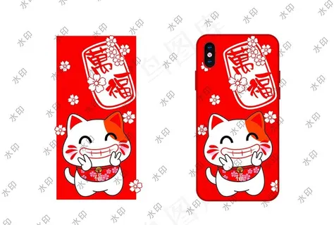 招财猫万福笑脸印花图片