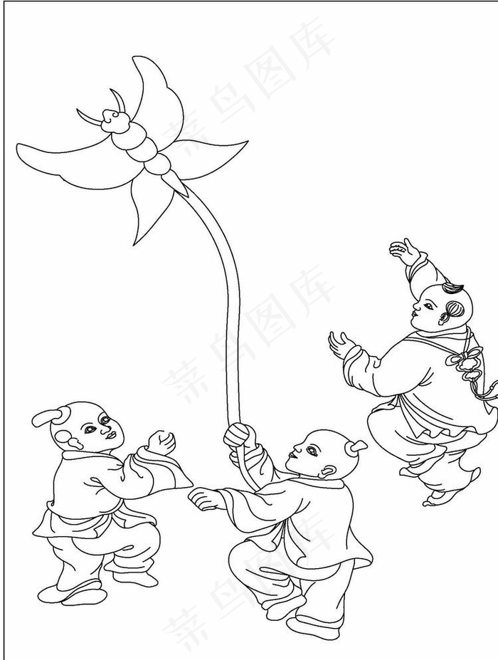 古代儿童线描图图片