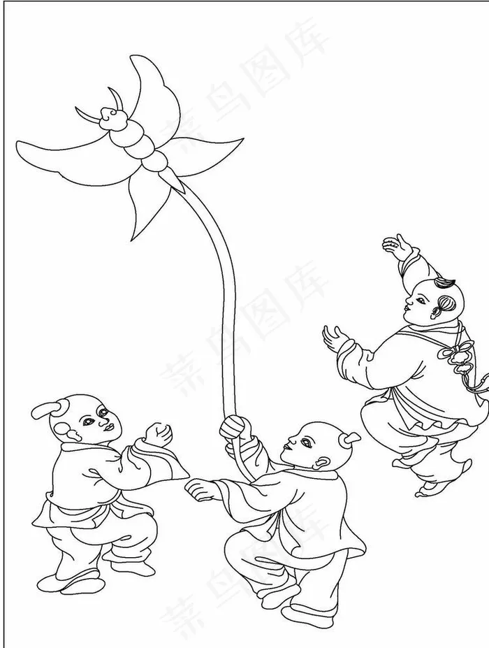 古代儿童线描图图片cdr矢量模版下载